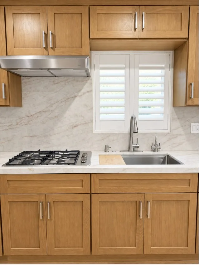Finished kitchen counter and stone backsplash in the South Gate accessory dwelling unit
